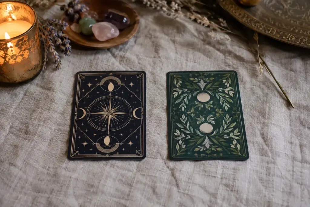 Two fictional tarot card backs one rotationally symmetric and one directional on linen.