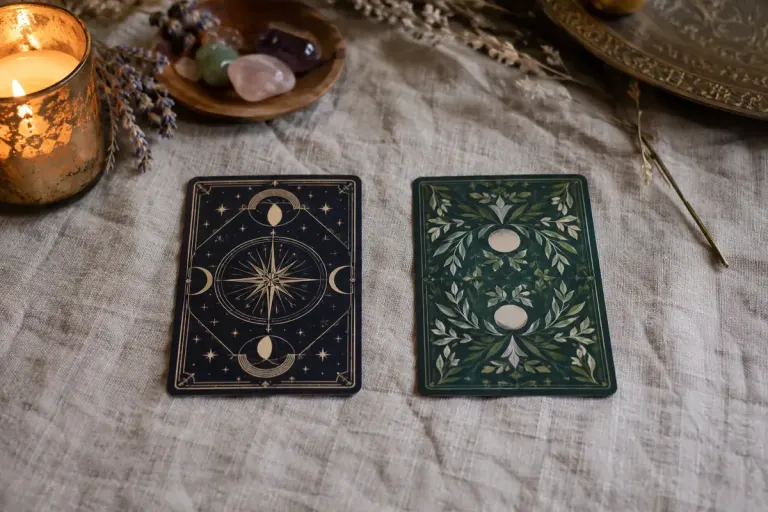 Two fictional tarot card backs one rotationally symmetric and one directional on linen.