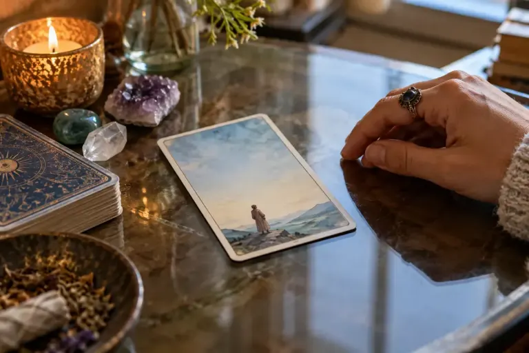 An original unbranded illustrated tarot card with a small figure and broad empty sky on a reflective reading desk.
