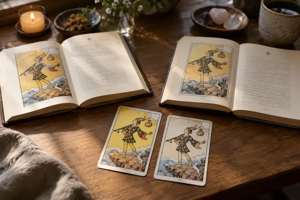 Two fictional tarot guidebooks with matching illustrated cards on a reading desk.