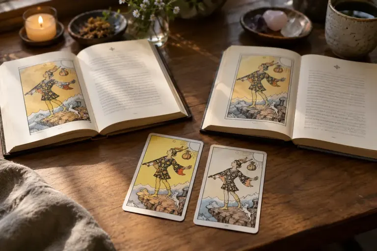 Two fictional tarot guidebooks with matching illustrated cards on a reading desk.
