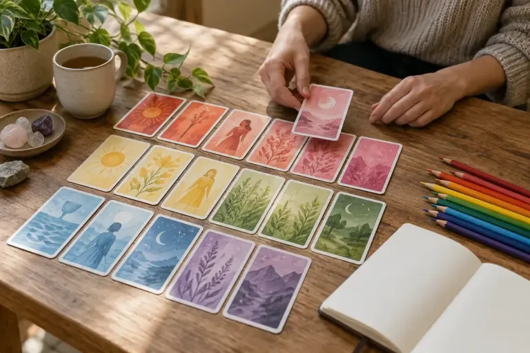 Unbranded illustrated cards arranged by colour beside coloured pencils and a blank notebook.
