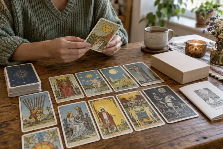 An adult inspecting a used tarot deck arranged in orderly rows beside its plain box and booklet on a wooden table.