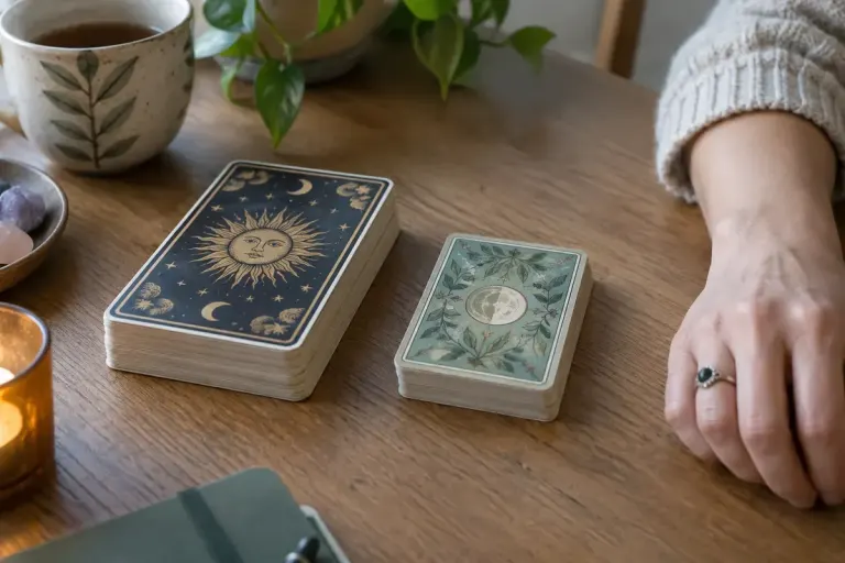 Two differently sized tarot decks beside an adult hand on a plain table.