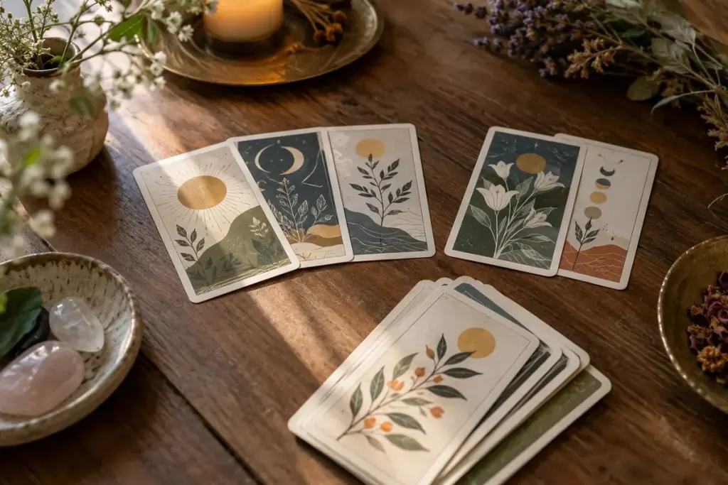 Tarot cards with simple abstract botanical artwork arranged in small groups on a table.