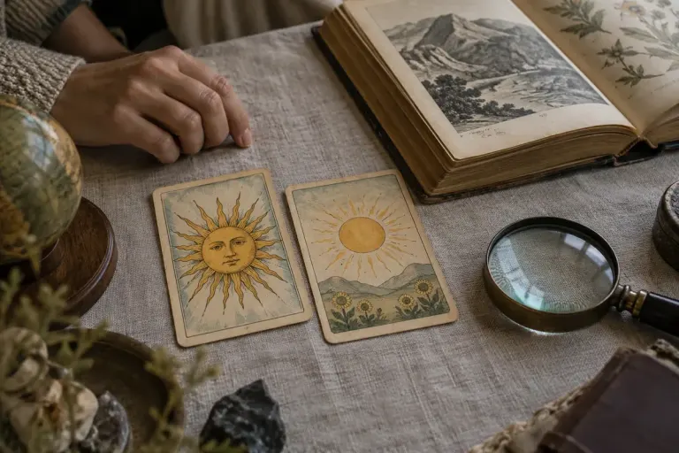 Two generic sun-themed symbolic cards beside a guidebook on a linen-covered study table.