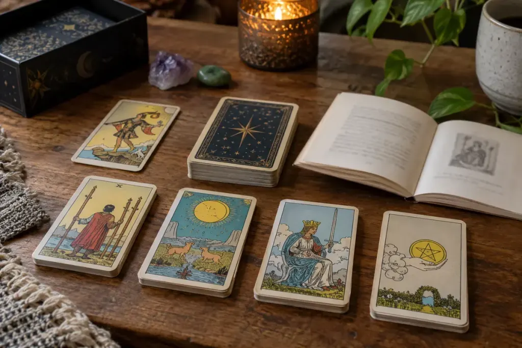 A tarot deck spread into orderly piles beside its small guidebook on a wooden table.