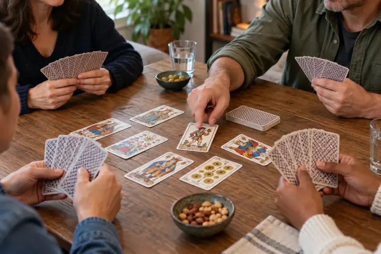 A tabletop french tarot card game with adult hands and a contemporary illustrated excuse card, no divination scene.
