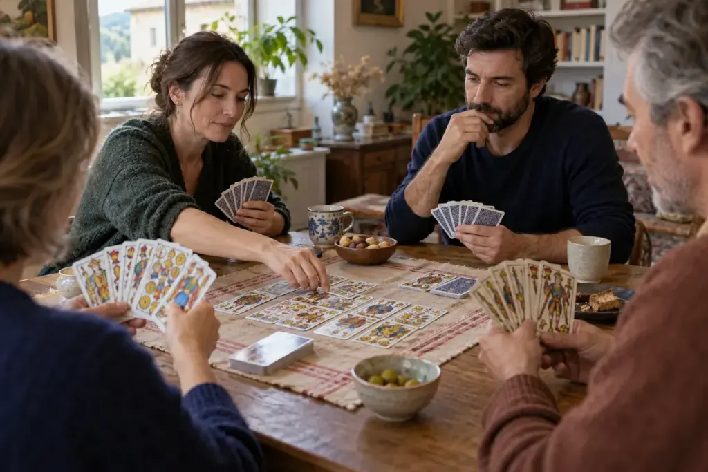 Four adults playing a french tarot card game around a home table, historically inspired modern playing cards and no readable text.
