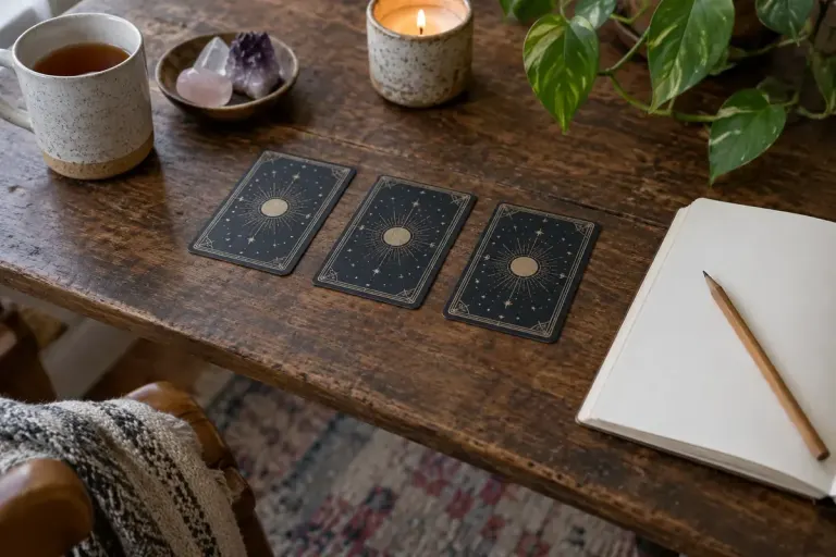 Three face-down illustrated tarot cards evenly spaced beside a blank journal and pencil.