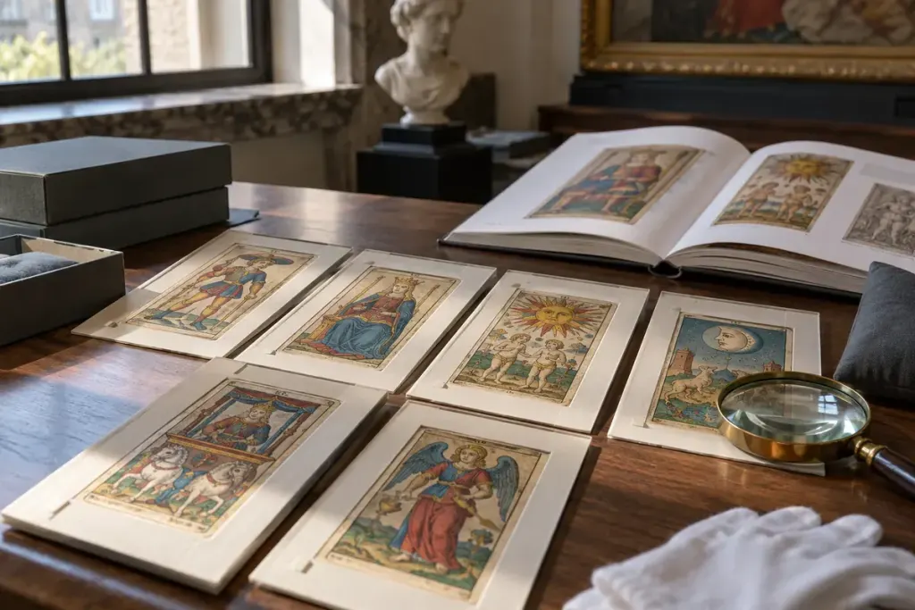 Illustrative replicas of historical tarot cards arranged with a study catalogue.