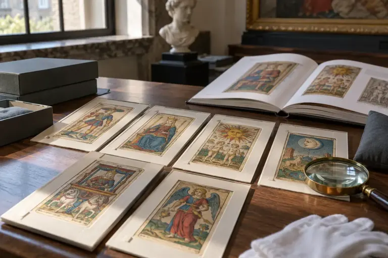 Illustrative replicas of historical tarot cards arranged with a study catalogue.