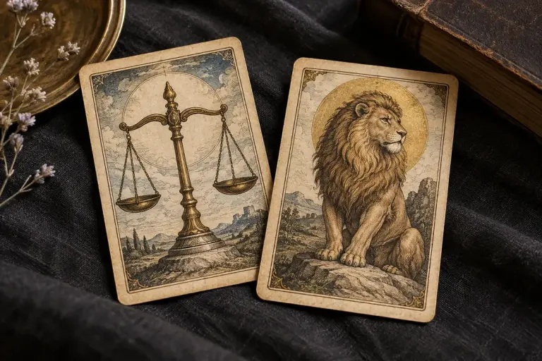 Two antique-style illustrated cards showing justice scales and a lion, no lettering or numerals, on dark linen.