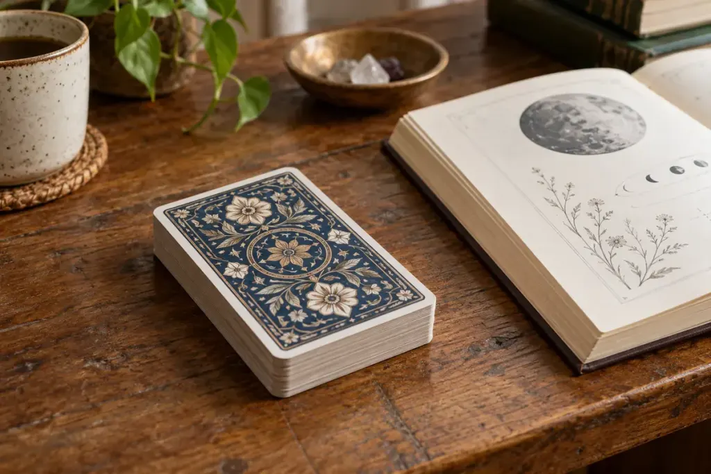 An unbranded illustrated tarot deck beside an open small guidebook and a magnifying glass on a wooden desk.