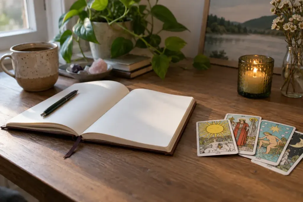 An open blank journal and a small fan of generic illustrated tarot cards on a quiet desk.