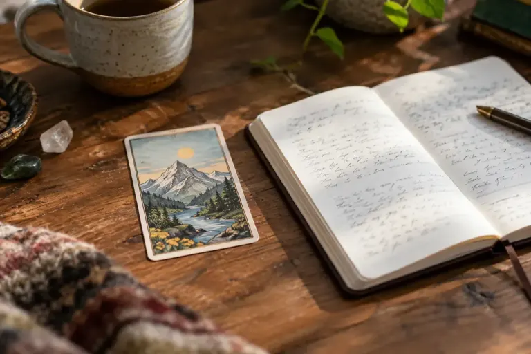 A small unbranded illustrated tarot card showing a mountain landscape beside an open journal on a wood table.