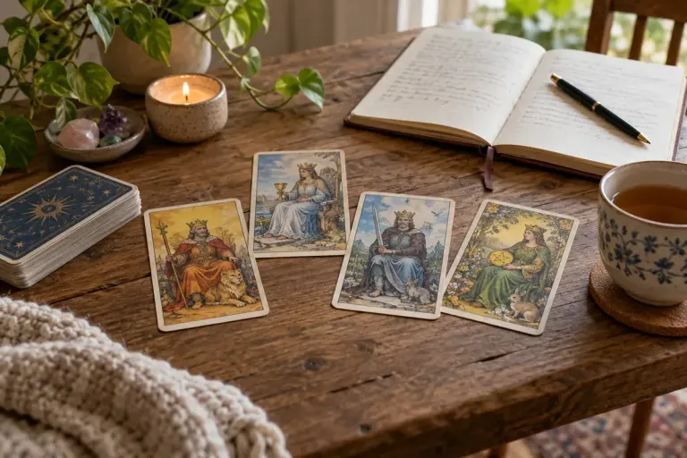 Generic unbranded tarot court cards beside an open journal and tea, no recognizable proprietary card art.
