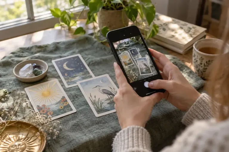 A smartphone held above a small spread of original illustrated cards on a matte cloth near a window.