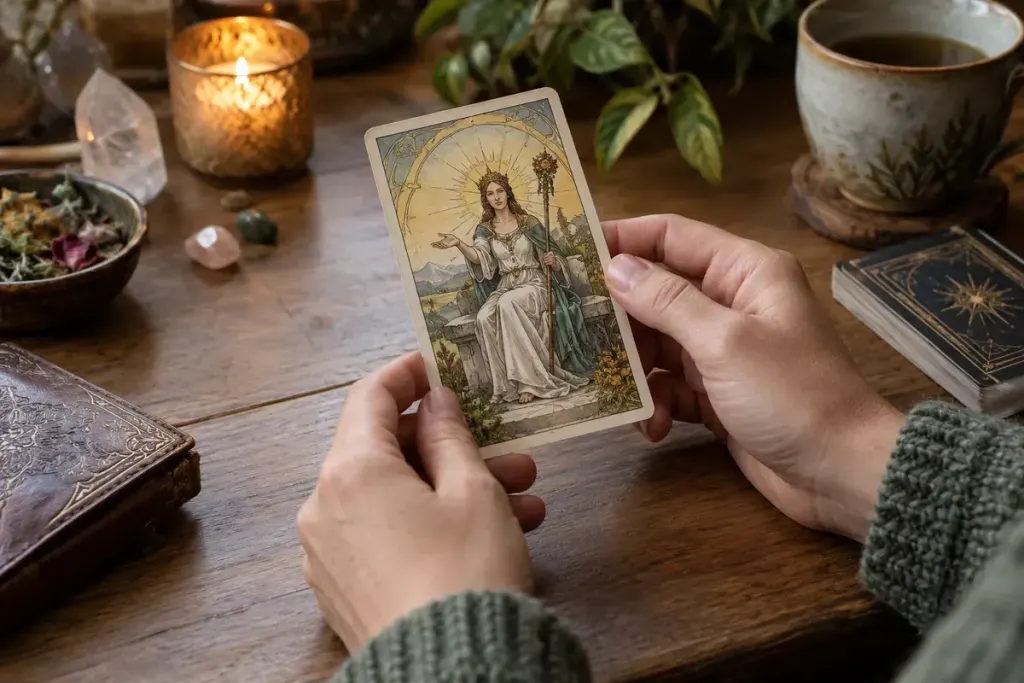 Hands studying an original illustrated tarot-style card showing a seated figure with an open hand.
