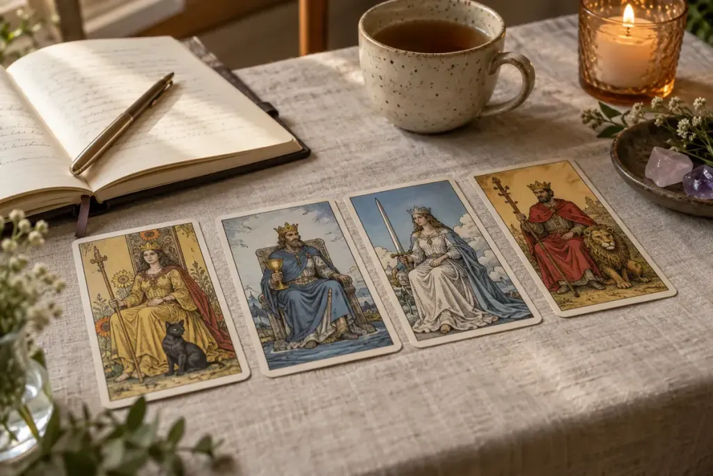 Illustrated tarot court cards beside a notebook.