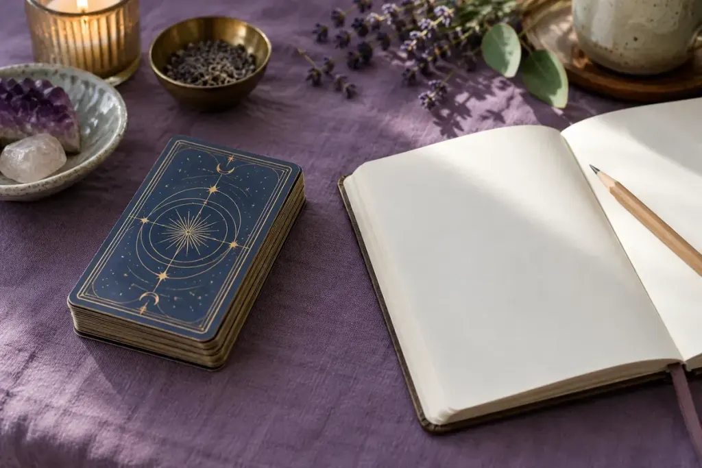 Face-down tarot cards beside an open journal on a purple cloth.
