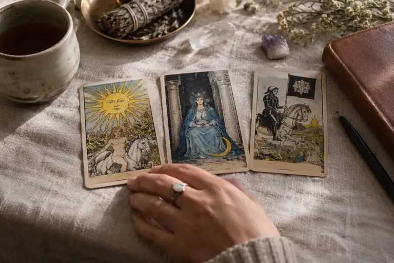 Three illustrated tarot cards with contrasting figures laid across a linen table beside a journal.