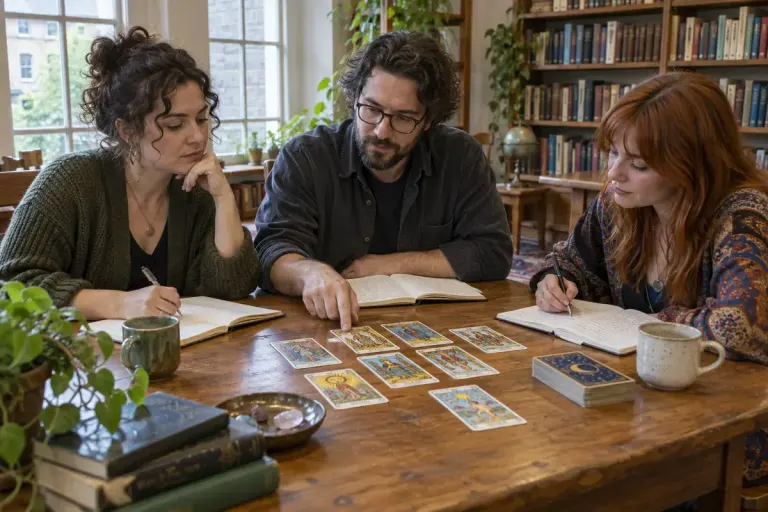 A small group comparing tarot illustrations with separate notebooks.