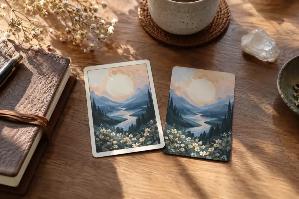 Two abstract illustrated card designs with and without a border beside a journal.