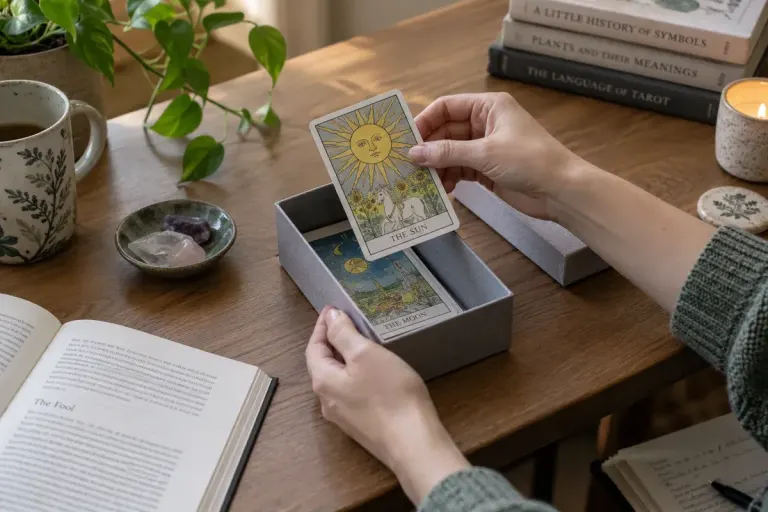 Tarot cards with original generic symbolic illustrations being placed in a fitted archival-style paper box, clean dry desk, no branded deck.