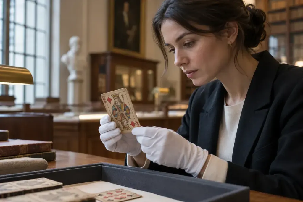 A researcher studying an old illustrated playing card in a museum reading room.
