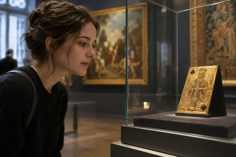 Museum visitor studying a small historical-style gilded playing card behind glass, elaborate gold leaf texture.