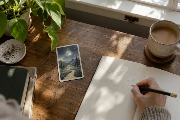 A symbolic moon card beside a notebook and pencil on a naturally lit writing desk.