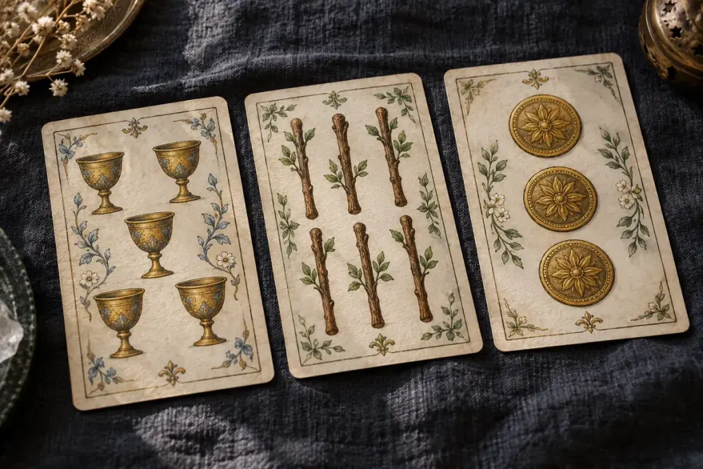 Traditional pip style illustrated playing cards on plain table.