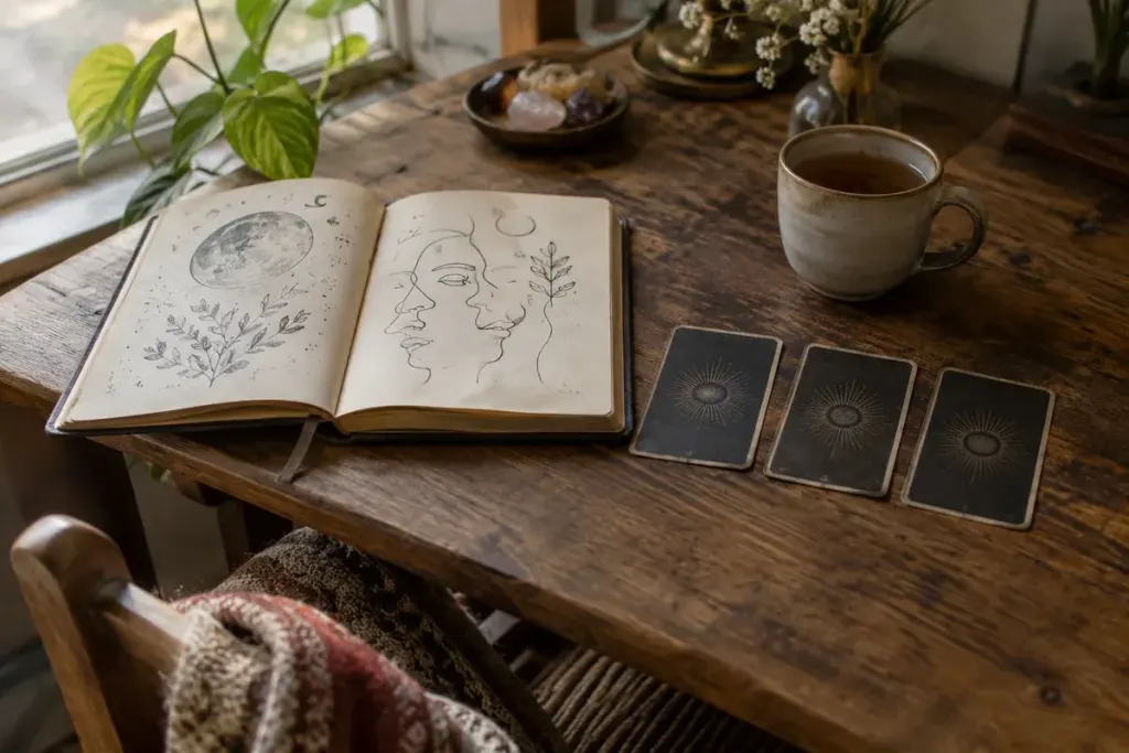 Open journal with abstract line drawings and three face-down unbranded tarot cards beside tea, natural morning light.