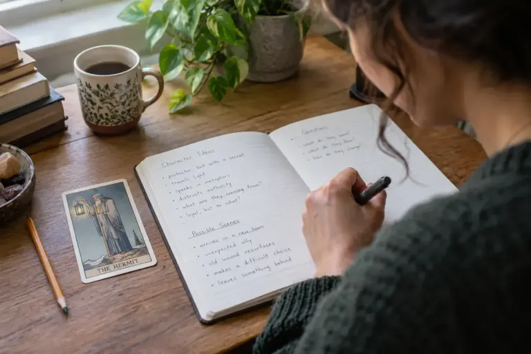 A creative writer making handwritten story notes beside a single illustrated tarot card and pencil.