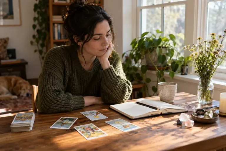 Adult looking thoughtfully at illustrated unbranded tarot cards and a blank journal near a sunlit window, no occult glow.