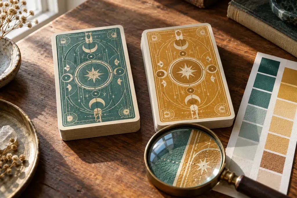 Two decorative card-back designs in different print colours beside a magnifying glass.
