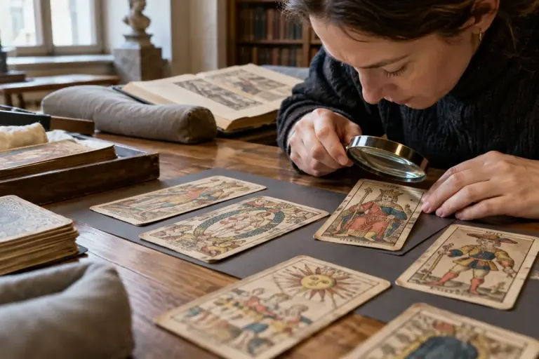 A museum study table with antique-style unlabelled woodcut playing-card reproductions and a magnifying glass.