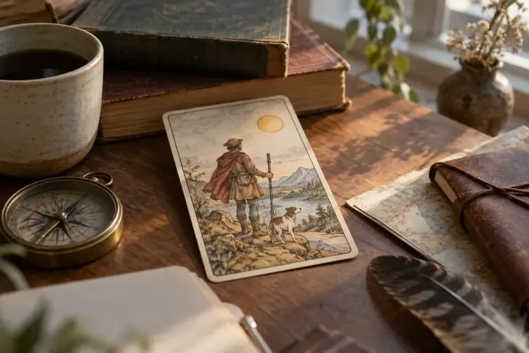A vintage inspired unbranded tarot card showing a travelling figure on a study desk.