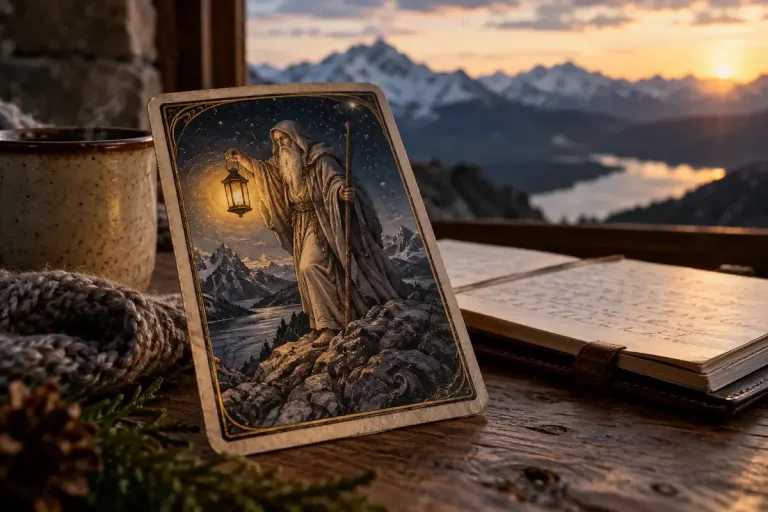 An original illustrated tarot-style hermit card showing a robed figure with a lantern on a mountain beside a notebook.