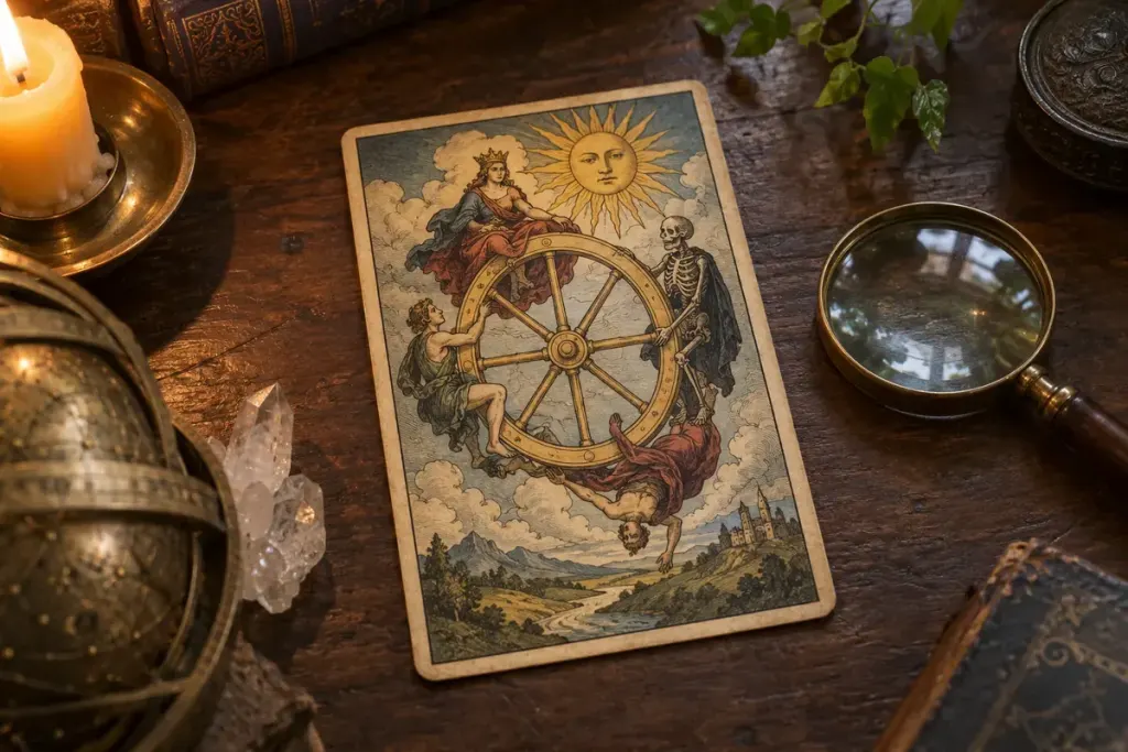 An original antique-inspired illustrated tarot wheel card on a dark wooden desk beside a magnifying glass, wheel with figures, no lettering or numerals.