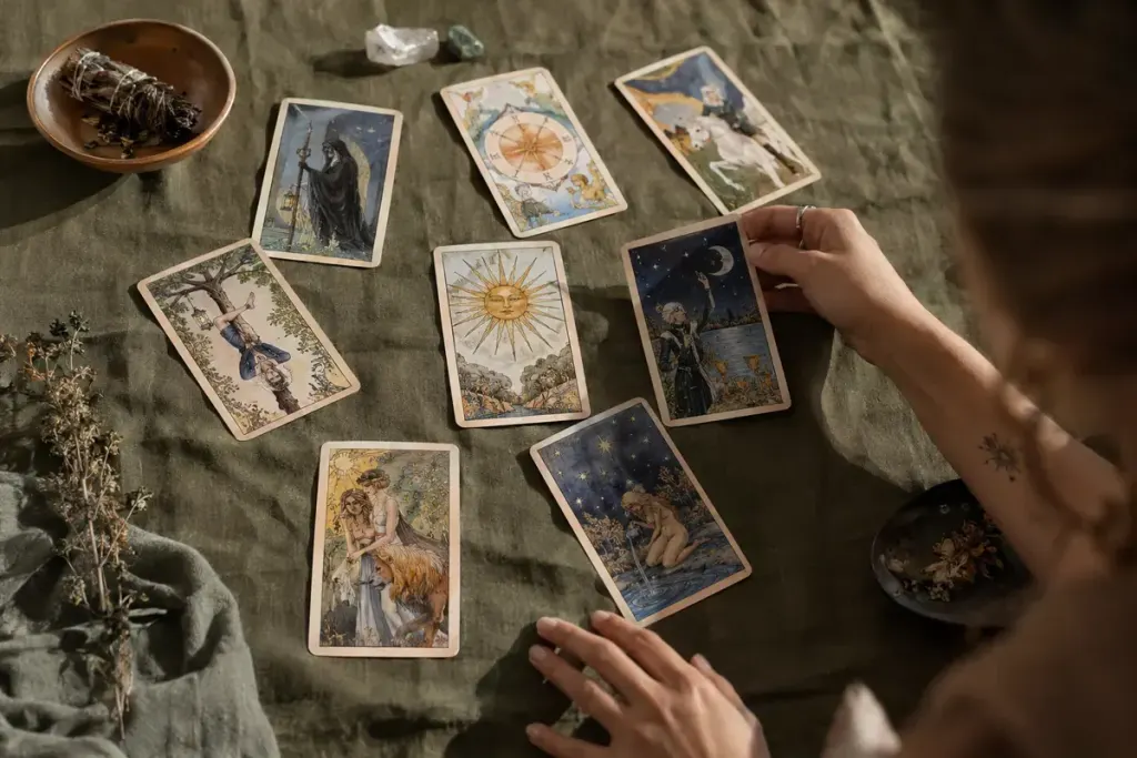 Several original fictional illustrated tarot cards laid in mixed orientations on a plain cloth.